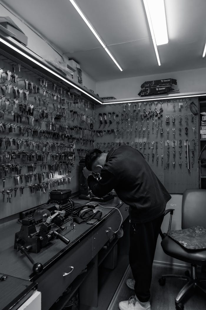 A locksmith at work in a shop full of keys in İstanbul, Türkiye.